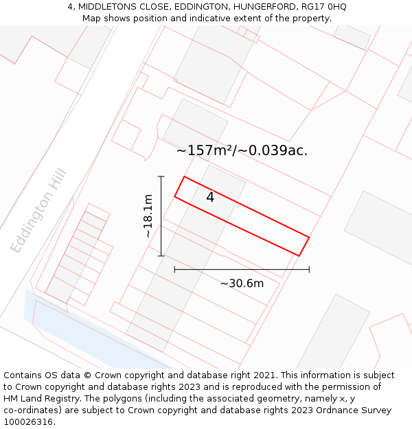 4, MIDDLETONS CLOSE, EDDINGTON, HUNGERFORD, RG17 0HQ: Plot and title map