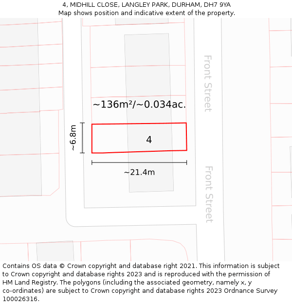 4, MIDHILL CLOSE, LANGLEY PARK, DURHAM, DH7 9YA: Plot and title map