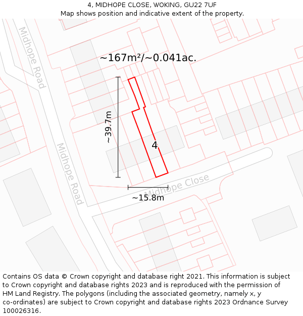 4, MIDHOPE CLOSE, WOKING, GU22 7UF: Plot and title map
