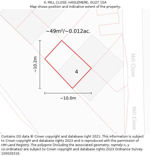 4, MILL CLOSE, HASLEMERE, GU27 1SA: Plot and title map