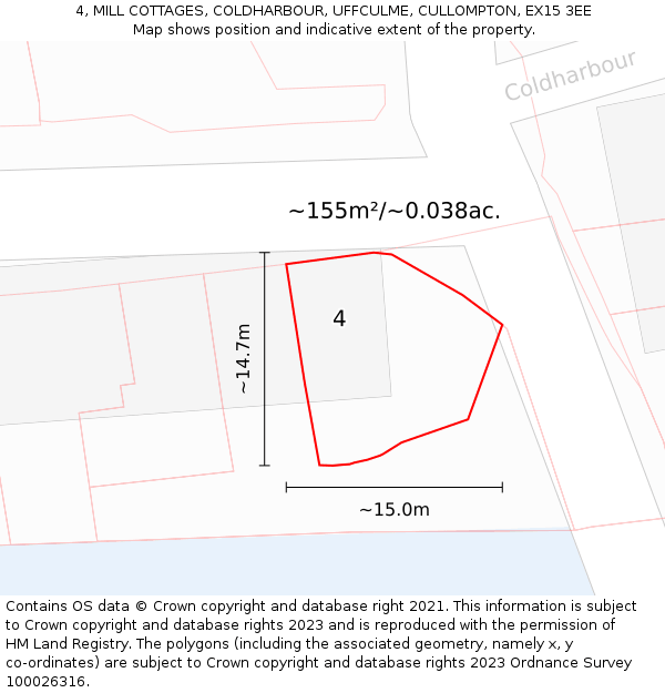 4, MILL COTTAGES, COLDHARBOUR, UFFCULME, CULLOMPTON, EX15 3EE: Plot and title map