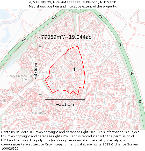 4, MILL FIELDS, HIGHAM FERRERS, RUSHDEN, NN10 8ND: Plot and title map