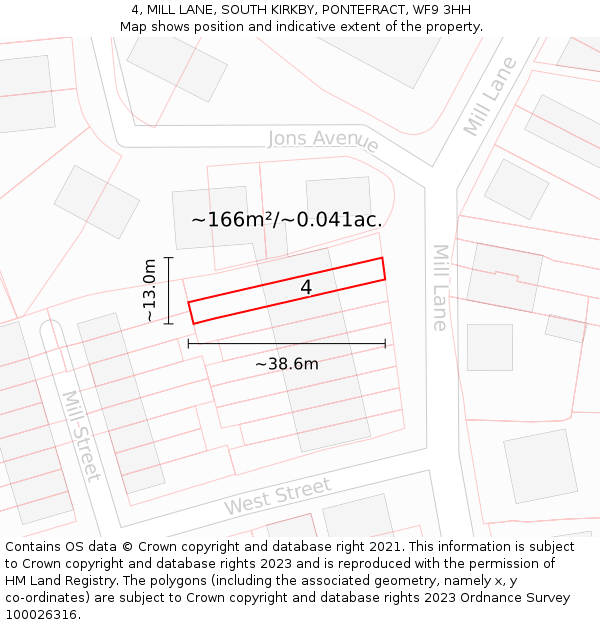 4, MILL LANE, SOUTH KIRKBY, PONTEFRACT, WF9 3HH: Plot and title map