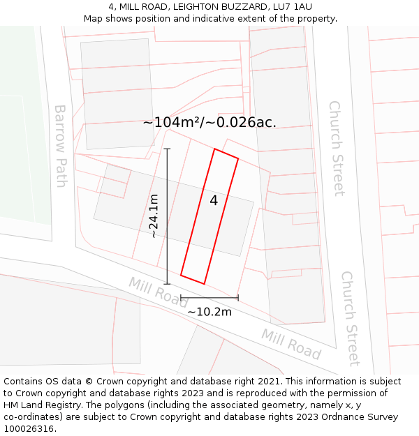 4, MILL ROAD, LEIGHTON BUZZARD, LU7 1AU: Plot and title map
