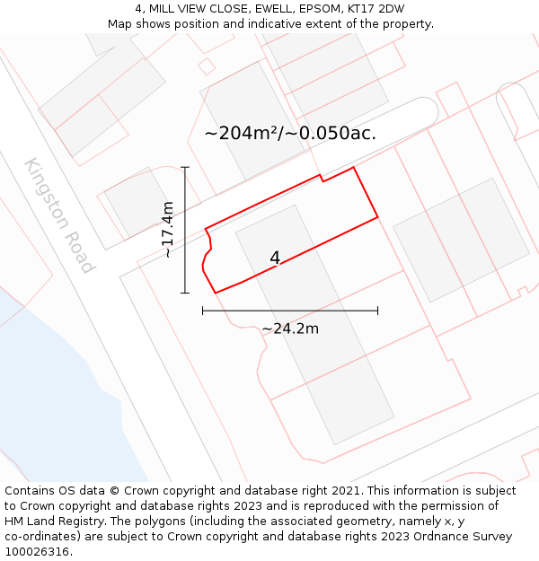 4, MILL VIEW CLOSE, EWELL, EPSOM, KT17 2DW: Plot and title map