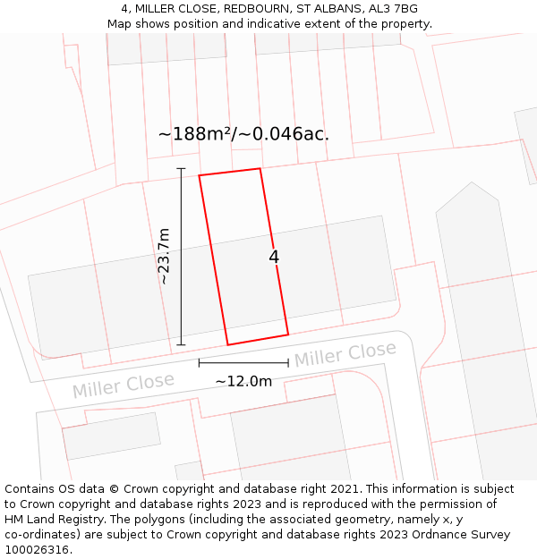 4, MILLER CLOSE, REDBOURN, ST ALBANS, AL3 7BG: Plot and title map