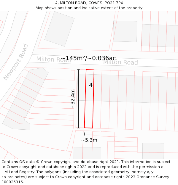 4, MILTON ROAD, COWES, PO31 7PX: Plot and title map