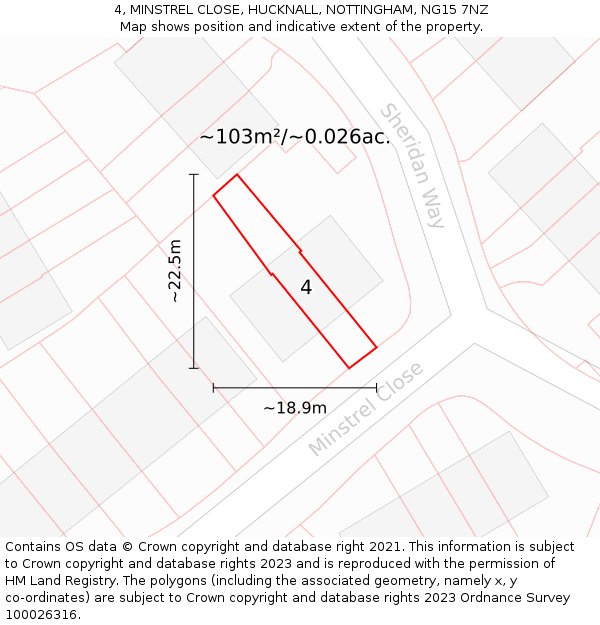 4, MINSTREL CLOSE, HUCKNALL, NOTTINGHAM, NG15 7NZ: Plot and title map