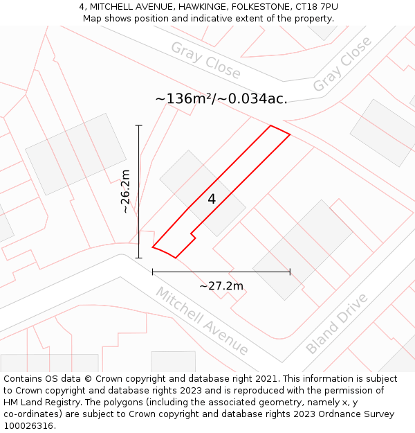 4, MITCHELL AVENUE, HAWKINGE, FOLKESTONE, CT18 7PU: Plot and title map