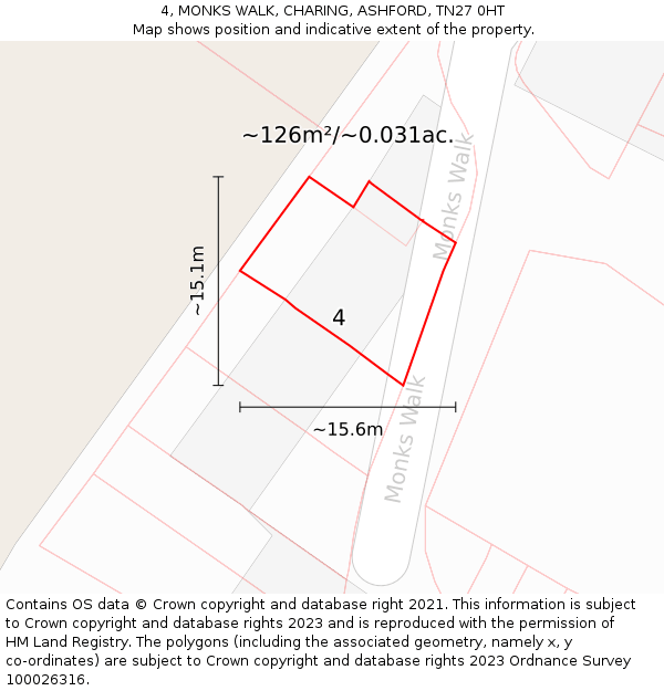 4, MONKS WALK, CHARING, ASHFORD, TN27 0HT: Plot and title map
