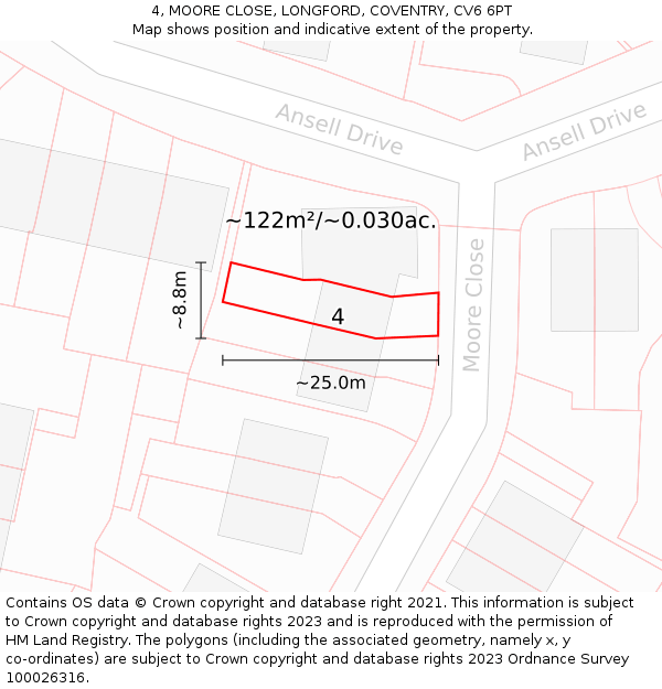 4, MOORE CLOSE, LONGFORD, COVENTRY, CV6 6PT: Plot and title map