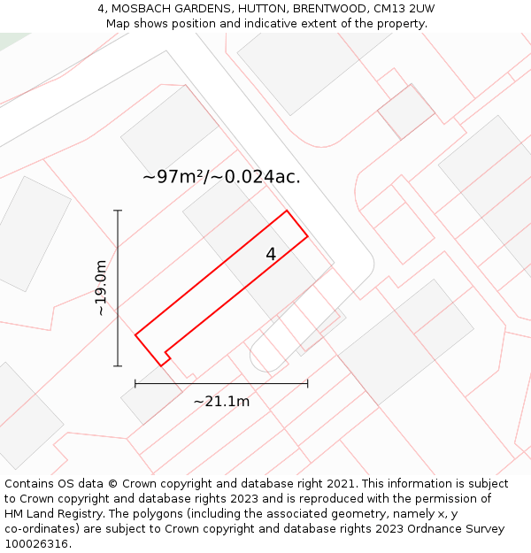 4, MOSBACH GARDENS, HUTTON, BRENTWOOD, CM13 2UW: Plot and title map