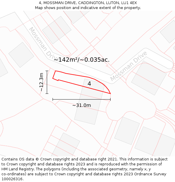 4, MOSSMAN DRIVE, CADDINGTON, LUTON, LU1 4EX: Plot and title map