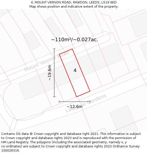 4, MOUNT VERNON ROAD, RAWDON, LEEDS, LS19 6ED: Plot and title map