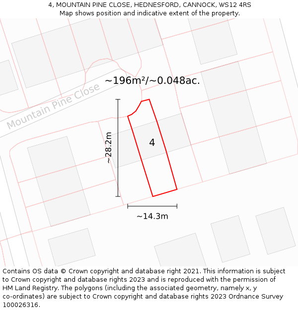 4, MOUNTAIN PINE CLOSE, HEDNESFORD, CANNOCK, WS12 4RS: Plot and title map