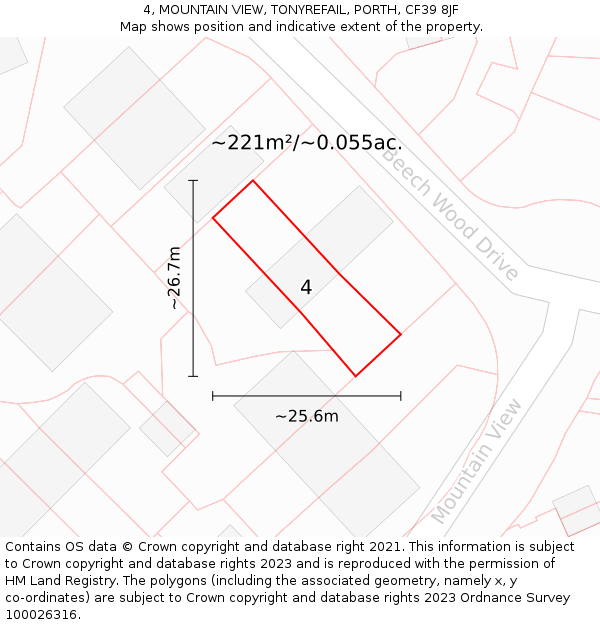 4, MOUNTAIN VIEW, TONYREFAIL, PORTH, CF39 8JF: Plot and title map