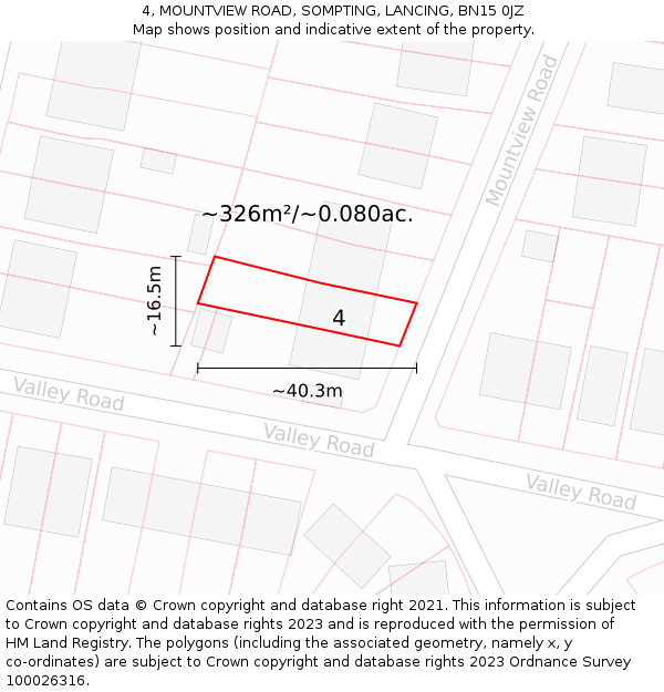 4, MOUNTVIEW ROAD, SOMPTING, LANCING, BN15 0JZ: Plot and title map