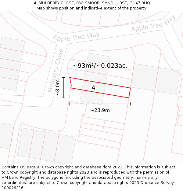 4, MULBERRY CLOSE, OWLSMOOR, SANDHURST, GU47 0UQ: Plot and title map