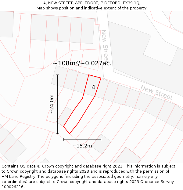 4, NEW STREET, APPLEDORE, BIDEFORD, EX39 1QJ: Plot and title map