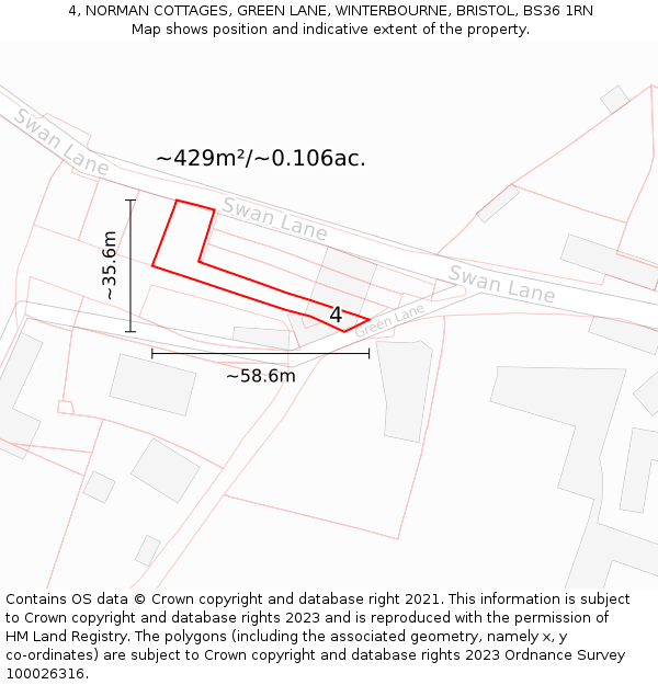 4, NORMAN COTTAGES, GREEN LANE, WINTERBOURNE, BRISTOL, BS36 1RN: Plot and title map