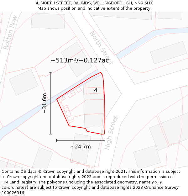 4, NORTH STREET, RAUNDS, WELLINGBOROUGH, NN9 6HX: Plot and title map