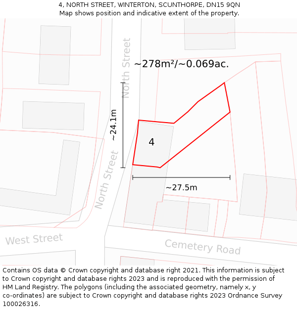 4, NORTH STREET, WINTERTON, SCUNTHORPE, DN15 9QN: Plot and title map