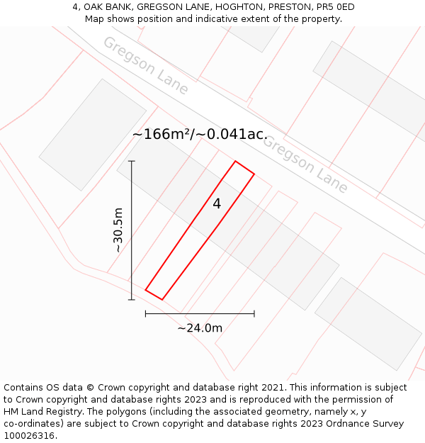 4, OAK BANK, GREGSON LANE, HOGHTON, PRESTON, PR5 0ED: Plot and title map