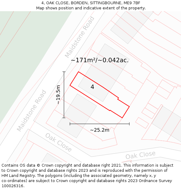 4, OAK CLOSE, BORDEN, SITTINGBOURNE, ME9 7BF: Plot and title map