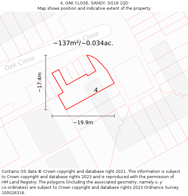 4, OAK CLOSE, SANDY, SG19 1QD: Plot and title map