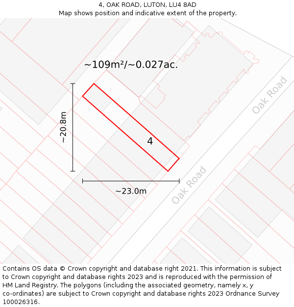 4, OAK ROAD, LUTON, LU4 8AD: Plot and title map