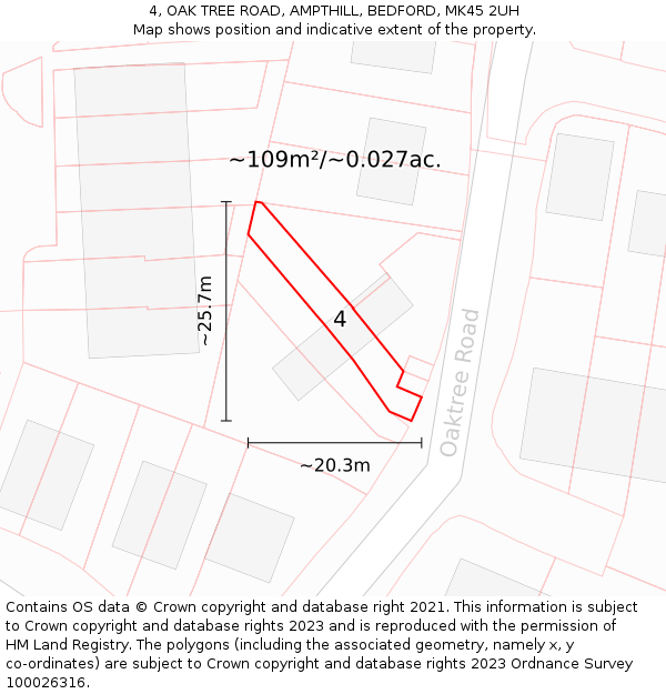 4, OAK TREE ROAD, AMPTHILL, BEDFORD, MK45 2UH: Plot and title map