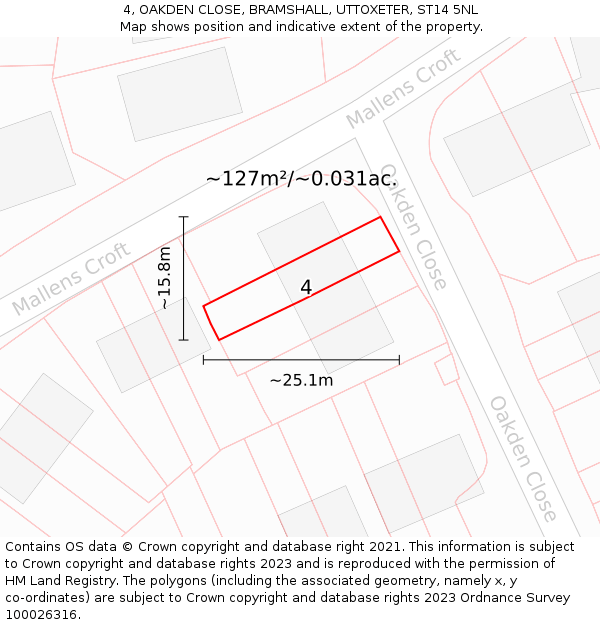 4, OAKDEN CLOSE, BRAMSHALL, UTTOXETER, ST14 5NL: Plot and title map