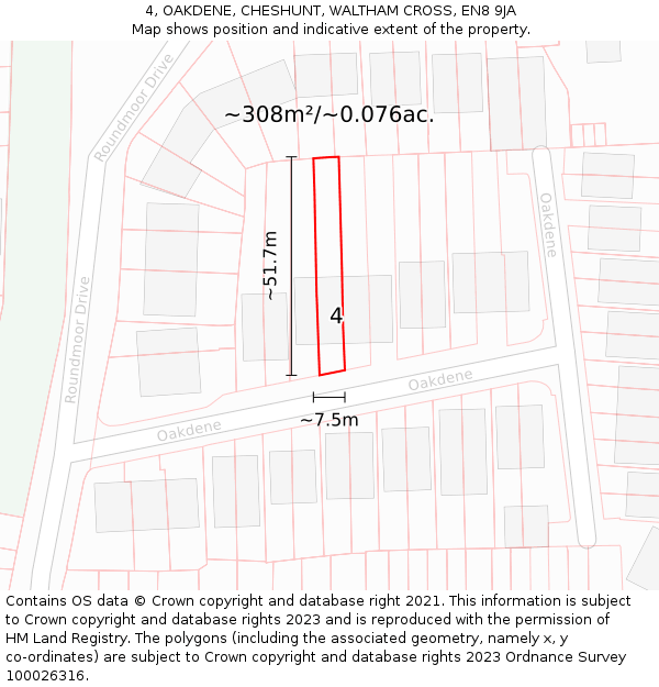 4, OAKDENE, CHESHUNT, WALTHAM CROSS, EN8 9JA: Plot and title map