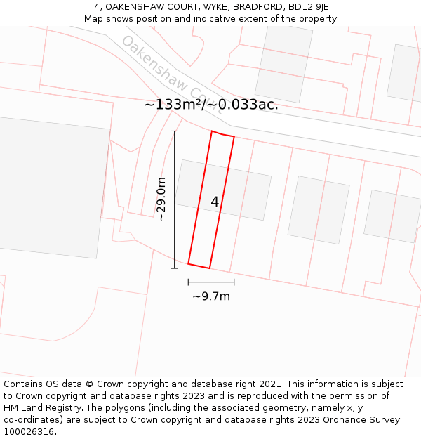 4, OAKENSHAW COURT, WYKE, BRADFORD, BD12 9JE: Plot and title map