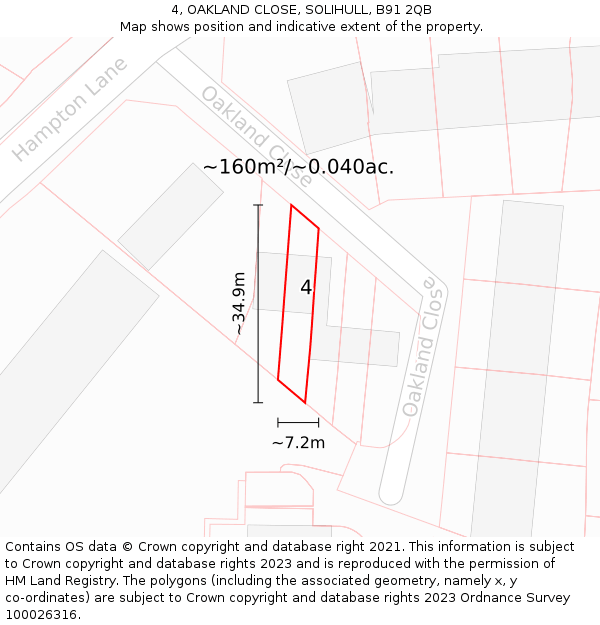 4, OAKLAND CLOSE, SOLIHULL, B91 2QB: Plot and title map
