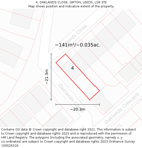 4, OAKLANDS CLOSE, GIPTON, LEEDS, LS8 3TE: Plot and title map