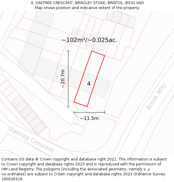 4, OAKTREE CRESCENT, BRADLEY STOKE, BRISTOL, BS32 9AD: Plot and title map