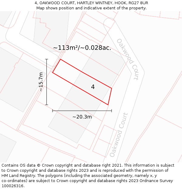 4, OAKWOOD COURT, HARTLEY WINTNEY, HOOK, RG27 8UR: Plot and title map