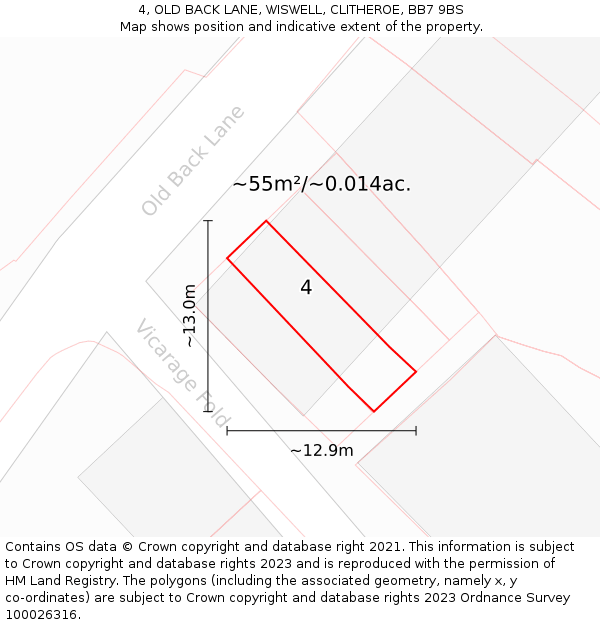 4, OLD BACK LANE, WISWELL, CLITHEROE, BB7 9BS: Plot and title map