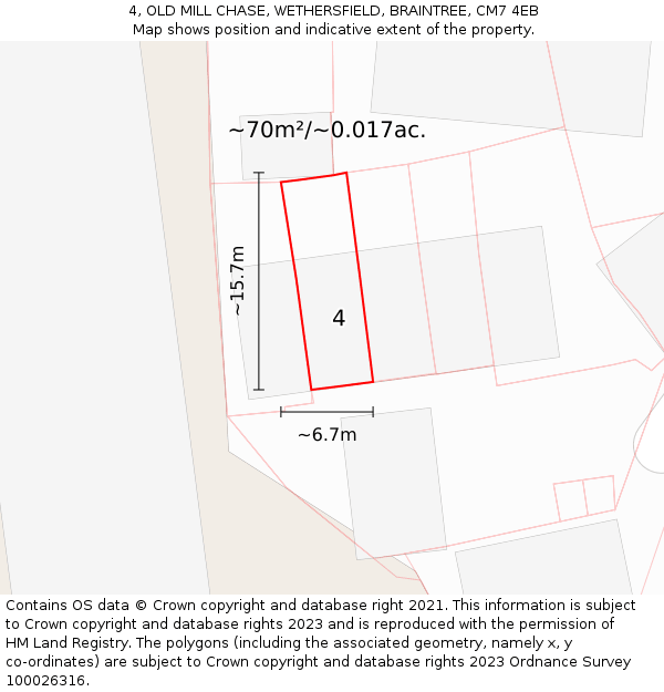 4, OLD MILL CHASE, WETHERSFIELD, BRAINTREE, CM7 4EB: Plot and title map