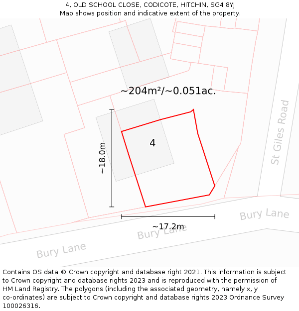 4, OLD SCHOOL CLOSE, CODICOTE, HITCHIN, SG4 8YJ: Plot and title map