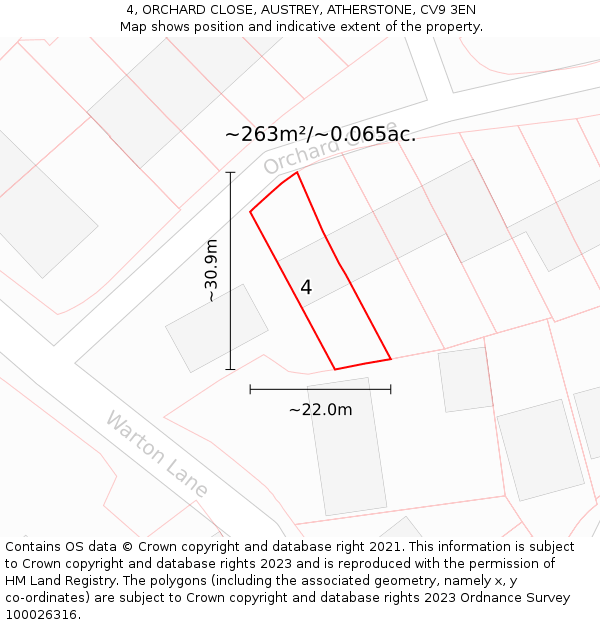 4, ORCHARD CLOSE, AUSTREY, ATHERSTONE, CV9 3EN: Plot and title map