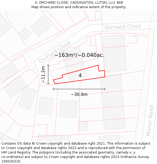 4, ORCHARD CLOSE, CADDINGTON, LUTON, LU1 4EB: Plot and title map