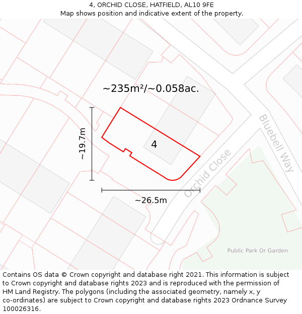 4, ORCHID CLOSE, HATFIELD, AL10 9FE: Plot and title map