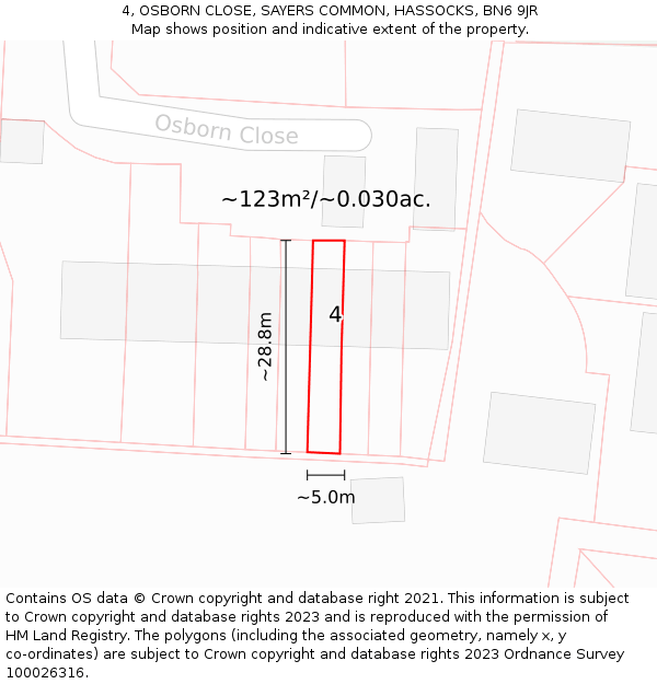 4, OSBORN CLOSE, SAYERS COMMON, HASSOCKS, BN6 9JR: Plot and title map