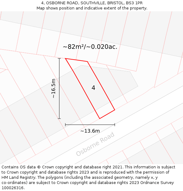 4, OSBORNE ROAD, SOUTHVILLE, BRISTOL, BS3 1PR: Plot and title map