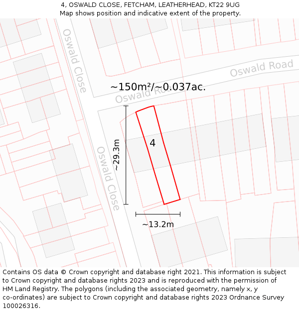 4, OSWALD CLOSE, FETCHAM, LEATHERHEAD, KT22 9UG: Plot and title map