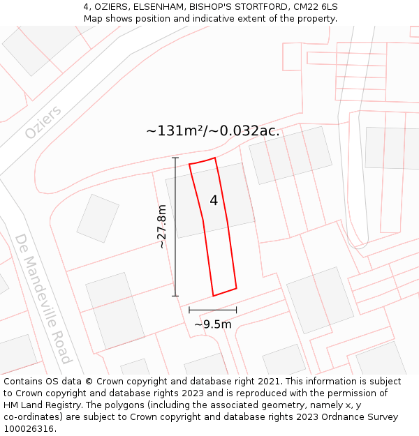 4, OZIERS, ELSENHAM, BISHOP'S STORTFORD, CM22 6LS: Plot and title map