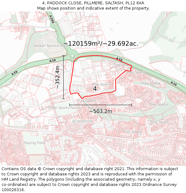 4, PADDOCK CLOSE, PILLMERE, SALTASH, PL12 6XA: Plot and title map