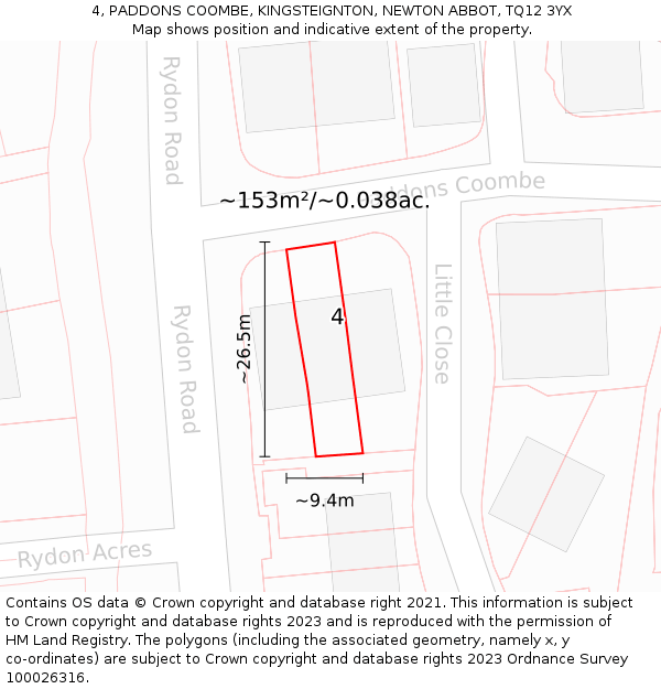 4, PADDONS COOMBE, KINGSTEIGNTON, NEWTON ABBOT, TQ12 3YX: Plot and title map